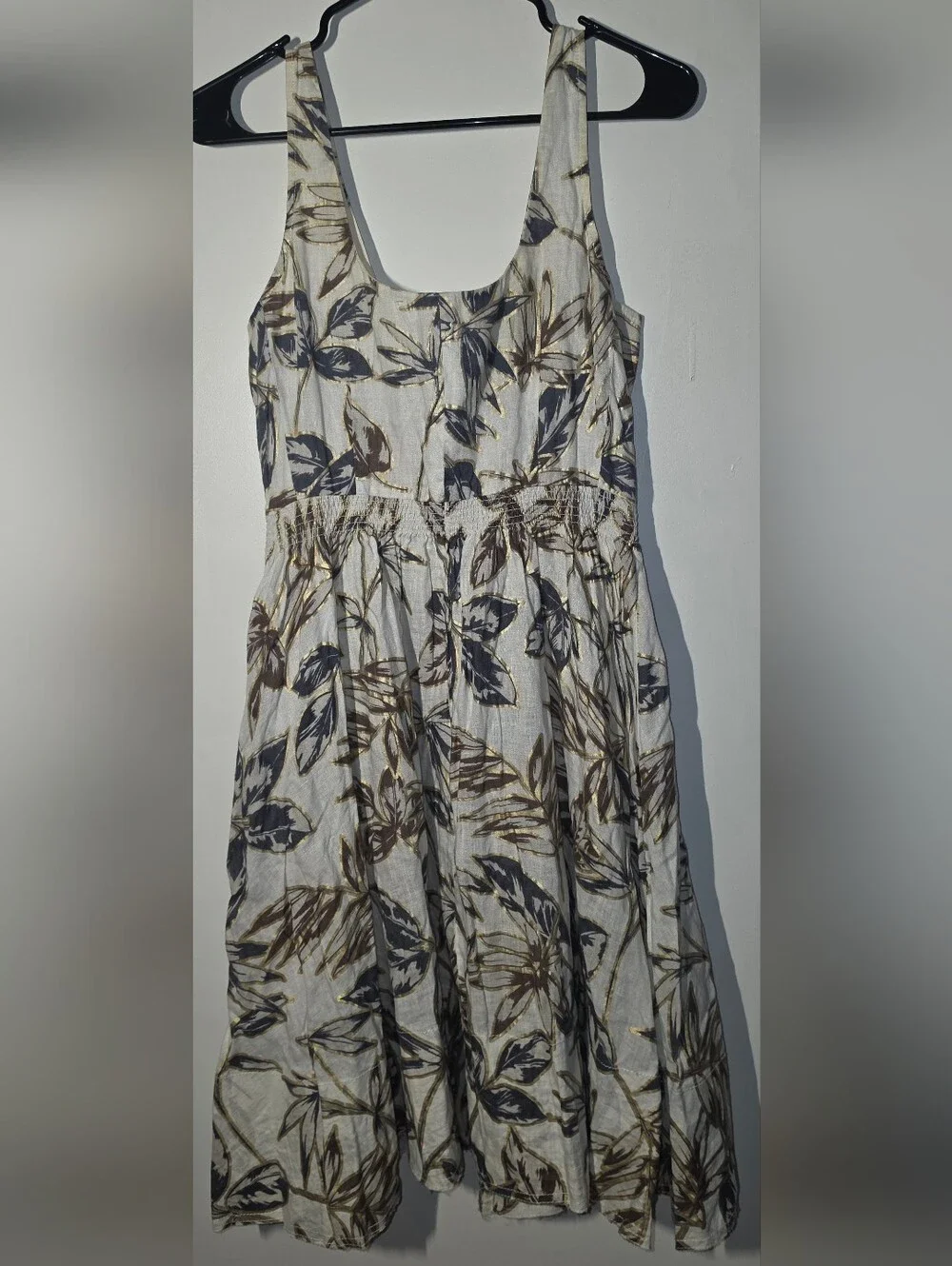 J. Crew Cream Midi Dress with Navy Botanical Print